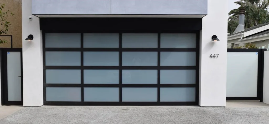 contemporaryblackaluminumwhitelaminate privacy glassgaragedoor22 1258x583